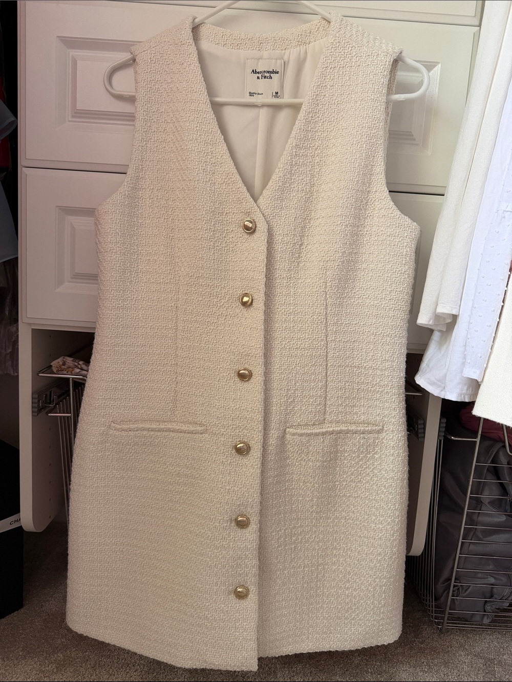 Abercrombie & Fitch Cream Bouclé Button-Front Midi Vest Dress